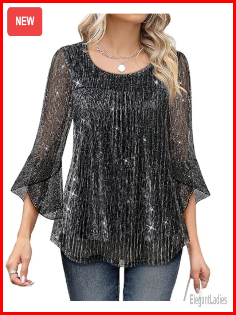 Elegant Dressy Blouse 3/4 Ruffle Sleeve Crew Neck Mesh Tunic Tops